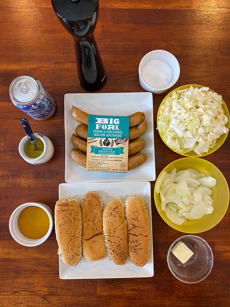 Beer Braised Sausage & Cabbage with Caramelized Bourbon Onions